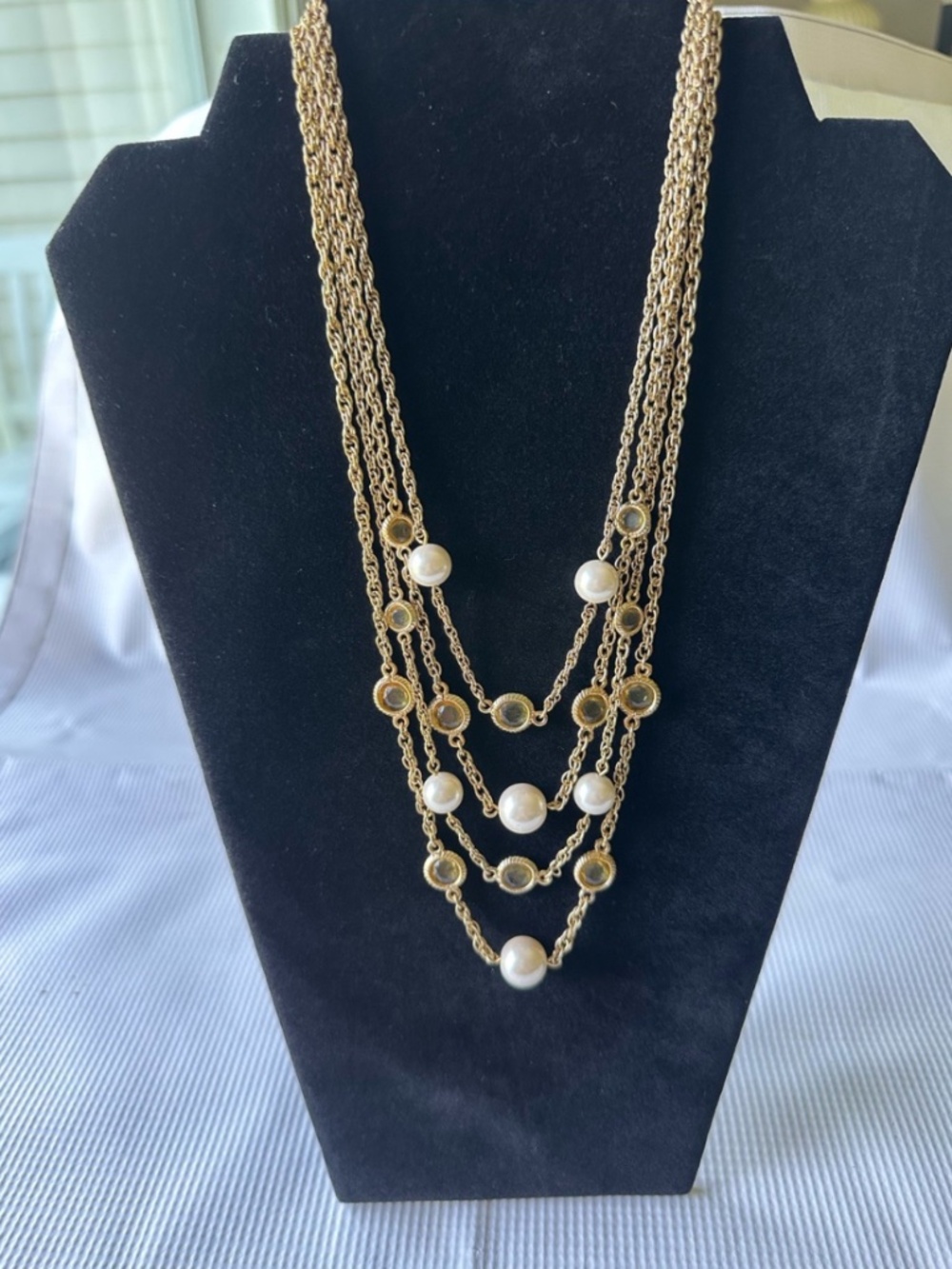 Gold Multi-Strand Pearl & Crystal Necklace - Elegant Women's Jewelry